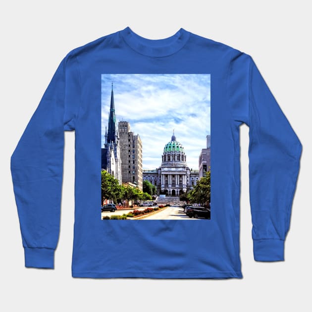 Harrisburg PA - Capitol Building Seen from State Street Long Sleeve T-Shirt by SusanSavad